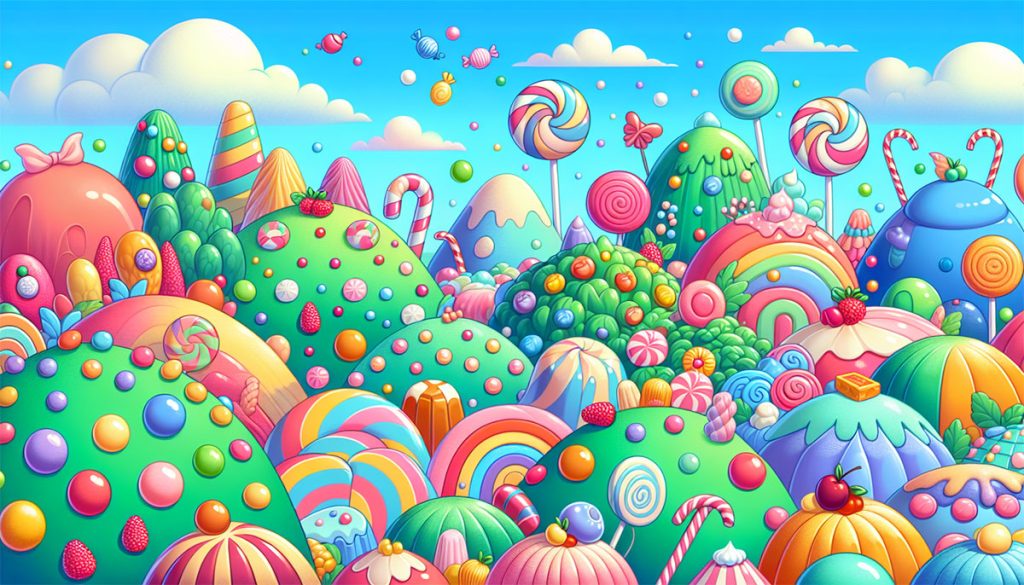 Fargerike godteri- og fruktsymboler i sweet bonanza-format